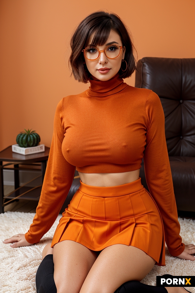 “A vibrant orange long-sleeved turtleneck crop top paired with a dark red pleated micro-mini skirt a