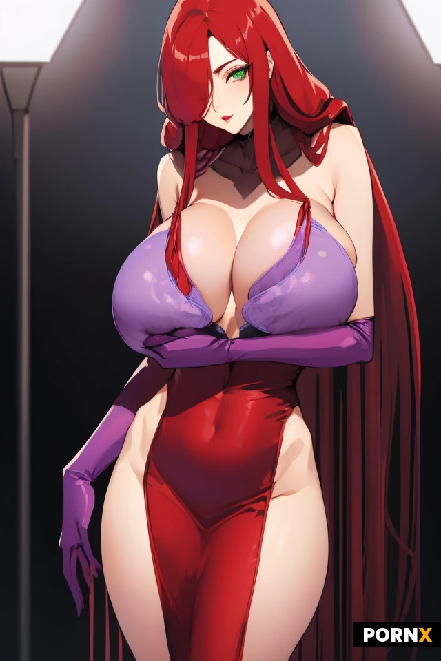 masterpiece, best quality, highres, 1girl, solo, red_hair, long_hair, hair_over_one_eye, purple_eyeshadow, plump_lips, makeup, huge_breasts, busty, red_dress, sparkly_dress, tube_top, purple_gloves, dancing, striptease, seductive_pose, jazz_singer, stage, retro_night_club, spotlight. Long purple satin gloves (Large breasts: 3.0) red glittery dress. Long red hair that covers one eye. Tube top. Red dress. Tight tube top (long hair: 2.5) bimbo babe. Vintage microphone. Hair over one eye. Sparkly red dress. Long purple gloves. Elegant. Seductive. Bimbo babe. Balloon tits. Breasts that defy gravity. Hair over one eye. Ginger hair. Long purple gloves. Green eyes. Purple eye shadow. Tube top. Pinup bombshell. Extreme cleavage. Diva. Hentai style. Spotlight. Shining light from behind. Long purple gloves. Tight tube dress. Redhead. Ginger hair. Long purple gloves. Elegant