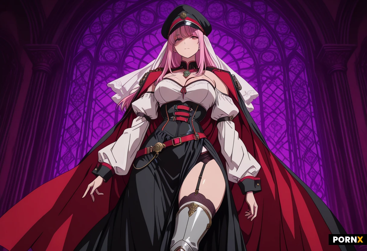 Rendered in vibrant MOE anime style with crisp linework, glossy cell shading, and rich, saturated colors. vector.high_Quality_eyes,high_Quality_image,high_detailed_image,high_detailed_face,fantasy,(MOE_anime_style).Fitted bodice / corset-style bodice — the blue-and-white upper section,
Deep V neckline,
Off-shoulder / shoulder-draped sleeves,
Long detached sleeves with fitted cuffs,
High-waist design,
Asymmetrical split skirt / open-front skirt,
Long cape or mantle attached around the shoulders,
Decorative waist belt / cincher,
Metallic medallion ornaments around the waist,
Tabard-like front panels,
Thigh-high stockings or thigh-high boots underneath the split skirt,
Tall military-style peaked cap,
Long veil/fabric panels falling from the back of the hat,