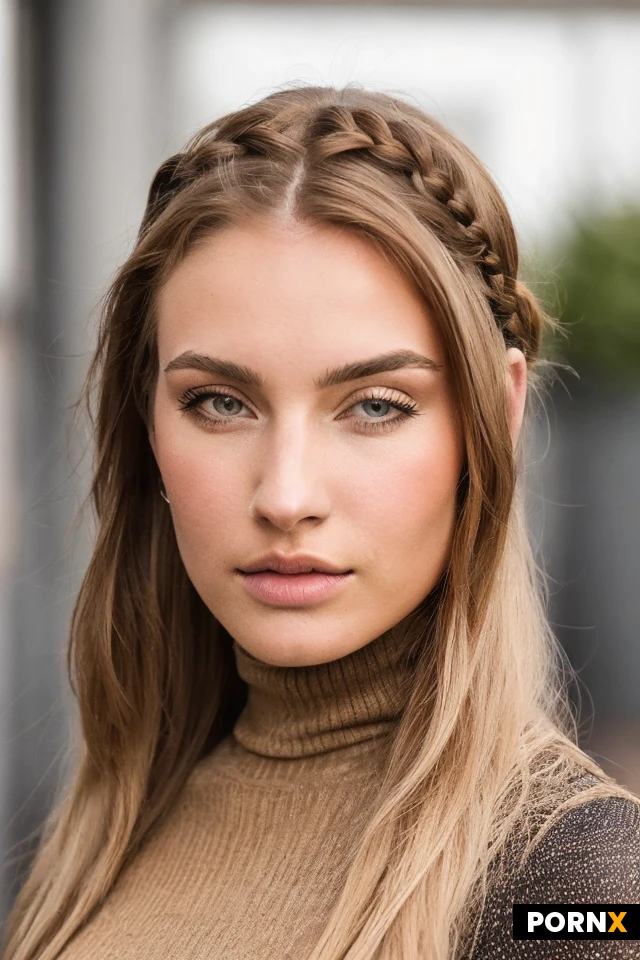 An athletic 20-year-old woman with subtle, natural beauty, visible skin pores, and a gentle flush on her cheeks. Her hair is styled in a thick, messy red braid, with individual, precisely rendered strands visible. She has a large bust. She is wearing a pencil skirt, a crop top, beige tights, and black high heels. Ultra-high resolution, 8K detail.