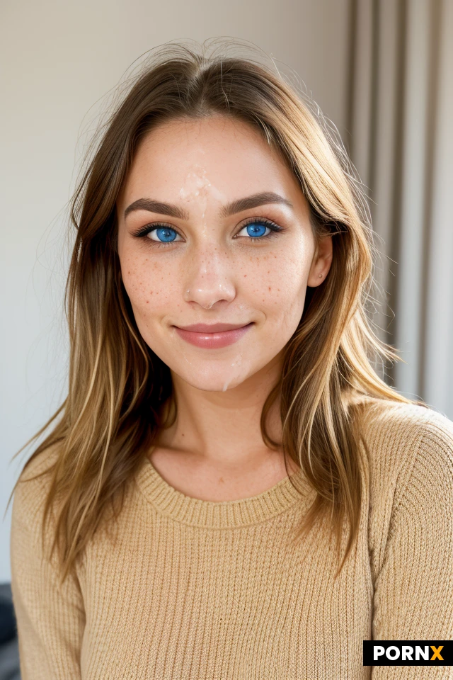 A close-up portrait of a 25-year-old woman with soft wavy blonde hair cascading to her shoulders, striking blue eyes gazing directly at the camera, and delicate freckles across her high cheekbones, wearing a cozy beige knit sweater that drapes lightly over her shoulders. She is positioned slightly off-center, head tilted subtly with a faint, inviting smile, while a blurred urban skyline at twilight fills the background. Warm golden-hour light wraps around her face, creating gentle rim lighting and a soft, luminous glow, and the shallow depth of field produces creamy bokeh. Captured with an 85mm prime lens at f/1.2 for a hyper-realistic, high-end fashion editorial look.