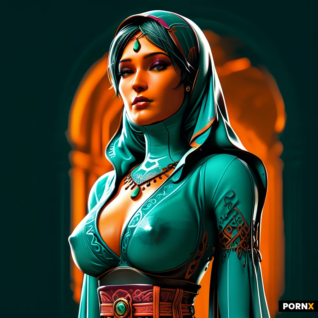 masterpiece, best quality, highres, absurdres, 1girl, solo, Persian, 30s, curvy, huge_breast, puffy nipples, slim_waist, large_butt, black_hair, hime_cut, medium_hair, duck_face, hijab, jewels, looking_at_viewer, soft_light, backlit, portrait