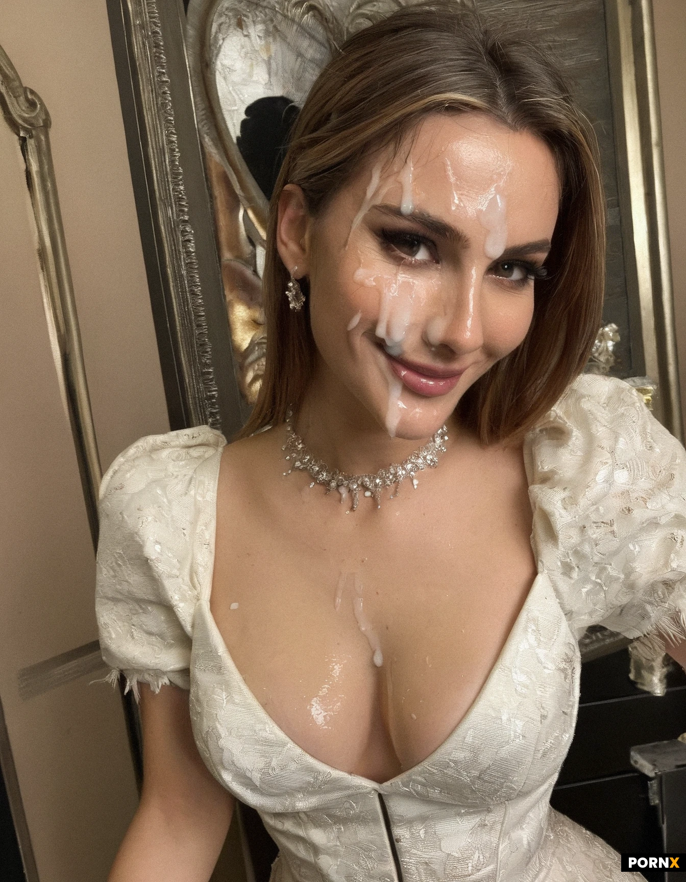19yo slim italian model. Very beautyful and glamorous. Wearing an exclusive evening-dress with a very deep cleavage
A lot of cum on the cleavage and on her face. Cumcovered cleavage and face. slutty smile. Cumcovered breasts.