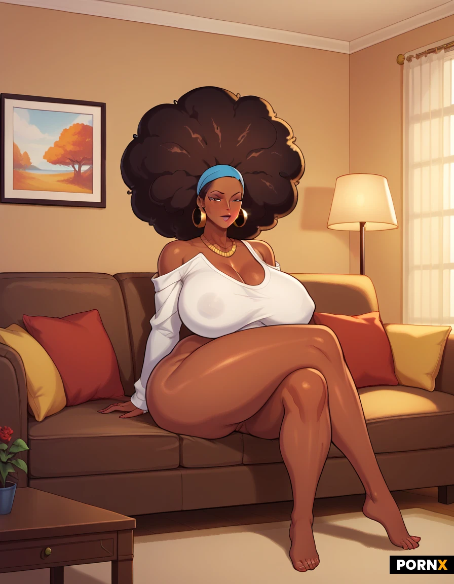 beautiful curvy black woman, big afro, dark skin, huge breasts, thick body, oversized shirt, bottomless, no panties, bare legs, modern living room, large sofa, big windows, natural daylight, Naked,full body,sitting on old man’s lap
<lora:woman:0.8>,voluptuous woman, Afro,hairy