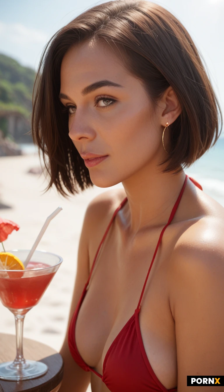 slightly messy dark brown bob-cut hair,39 years old Spanish milf, perfect skin, cute, slim, cocktail, red bikini, small round natural breasts, close up, sunshine, beach bar