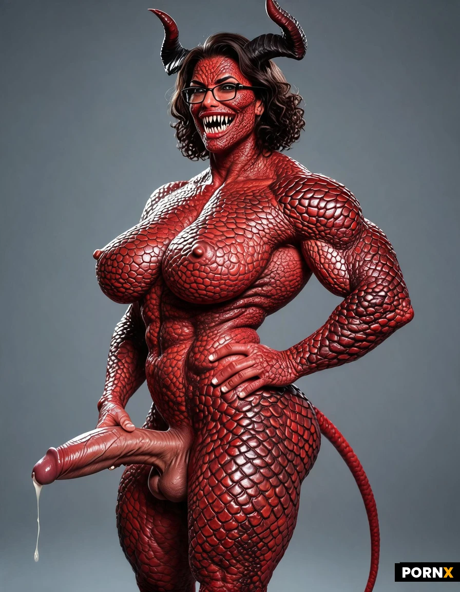 demon futanari, dick girl, deep red reptile scaled skin from head to toe, face skin color is red and scaled, giant demon horns on forehead, thick deep red penis, hard stiff boner, thick red reptile scaled devils tail, attractive, sexy, horny, huge fake tits, large nipples, massive muscles, well defined physique, perfect ass, short hair, messy bob cut hair, hair jet black, black framed eyeglasses, standing up, legs, looking at viewer, eyes wide, sharp razored teeth, puckered lips, dick spurts cum,