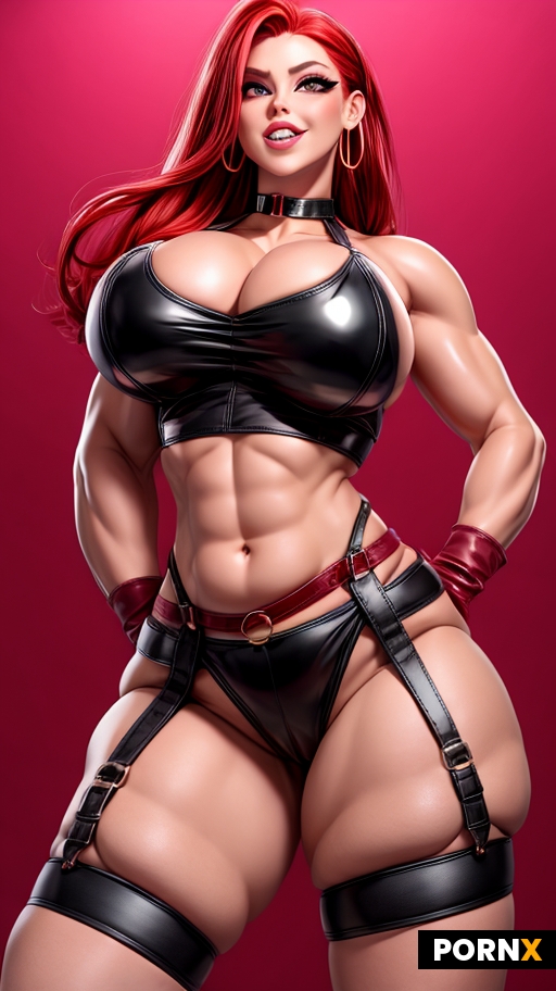 "Red hair in a braided ponytail with bangs\nseductive beautiful feminine face \nwearing thick rimmed