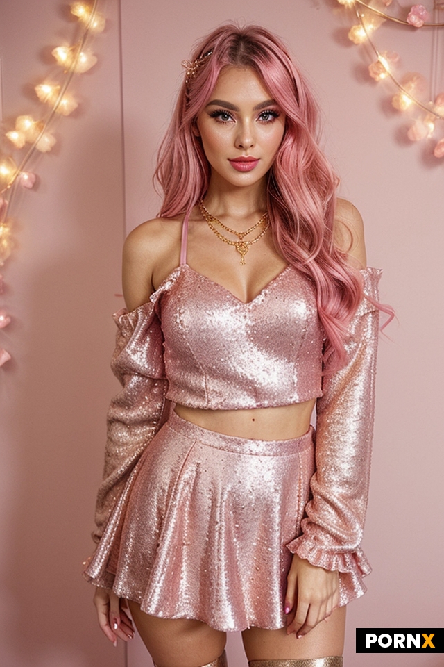 A hot pink sequined mini dress with a sweetheart neckline and fitted bodice that transitions into a 