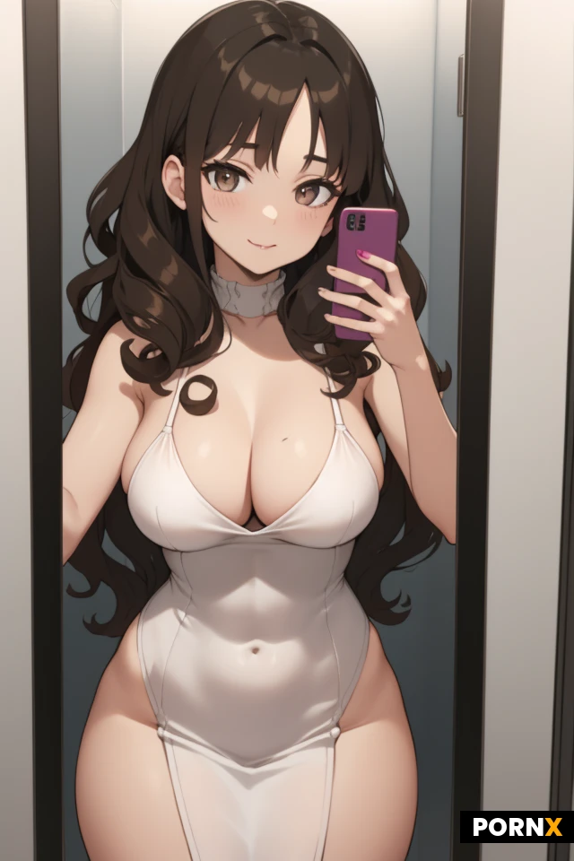 masterpiece, best quality, ultra detailed, 8k, anime style, beautiful woman, early 20s, warm tan skin, long voluminous curly wavy brown hair with golden highlights, soft seductive smile, warm brown eyes,
wearing a tight white dress with deep plunging cleavage and side cutouts revealing skin,
curvy body, round medium breasts, defined waist, glossy skin,
taking a mirror selfie in an elevator, one hand holding a purple phone, the other hand in her hair, seductive pose looking at the camera,
soft indoor lighting, highly detailed face and hair, anime style, sharp focus