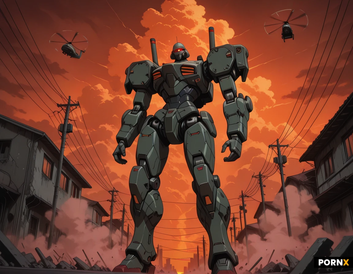 A cinematic scene from a dark, high-budget Japanese mecha anime movie: enormous humanoid biomechanical robots towering hundreds of meters above a dense futuristic city, their proportions elegant but unnervingly elongated, with angular armor plating, exposed mechanical joints, glowing eyes, and subtle organic elements beneath the armor.
One mech stands in the foreground between shattered skyscrapers, partly silhouetted against an enormous orange-red sunset, while two more colossal machines loom farther away through drifting smoke and atmospheric haze. Tiny military vehicles, helicopters, and human figures below emphasize their impossible scale.
The city is damaged but not completely destroyed: broken elevated highways, flickering signs, emergency lights, power lines, concrete debris, steam rising from ruptured streets. Strong sense of vertical scale and oppressive architecture.
Composition like a dramatic theatrical anime feature: low camera angle looking upward, wide cinematic framing, intense perspective, long shadows, richly painted backgrounds, hand-drawn cel-animation aesthetic with intricate mechanical linework, subtle film grain, slightly muted 1990s color palette, deep blacks, glowing highlights, dramatic clouds, shafts of sunlight cutting through smoke.
Mood: awe, dread, melancholy and enormous restrained power — the machines feel less like ordinary robots and more like mysterious artificial giants whose true nature is uncertain.
Highly detailed traditional anime illustration, expressive hand-drawn linework, painted cel shading, cinematic lighting