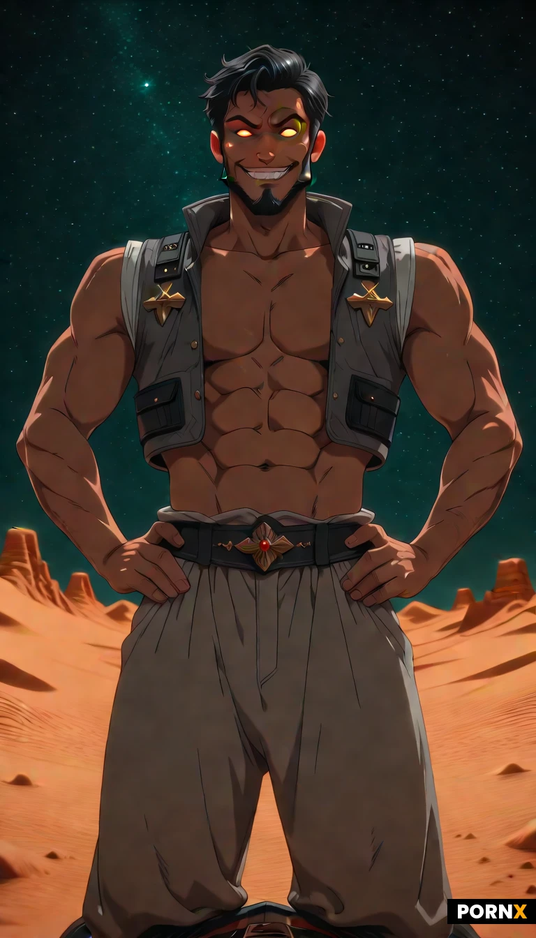 1 man, 40 yeas old, Arabian, muscular, short dark hair, gray temples, short beard, glowing eyes,
Evil grin, standing, hands on hips
Vest, bare chest, flowing linen pants,
Low close view, Night time, Standing on top of desert sand dunes, starry night background,