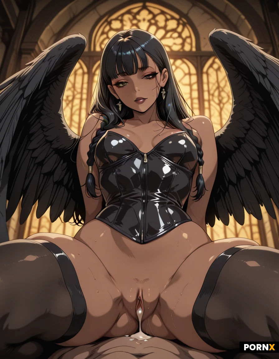 A stunning 20-year-old African goth goddess with a very dark complexion, brown eyes, full lips, and dramatic dark makeup, her long black hair styled in intricate French braids, her curvy figure accentuated by small breasts, a tiny waist, wide hips, thick thighs and a huge round ass, wearing a tight black leather bustier and thigh-high black stockings, massive matte black wings unfurled behind her. She squats provocatively over a pale-skinned Caucasian man in his 20s with a nearly shaved head, his skinny nude body stretched flat on his back, while she uses a hand to spread her clean-shaven pussy lips, the slick folds glistening with her own cum that drips across his face as he eagerly licks her. The scene is set in a shadowy dungeon illuminated by soft rim lighting that catches the edges of her wings and creates a moody, low-key atmosphere, with a shallow depth of field that keeps the focus on their bodies. Shot from a low, front-view angle with cinematic framing, rendered in ultra-detailed, highly polished digital illustration style.