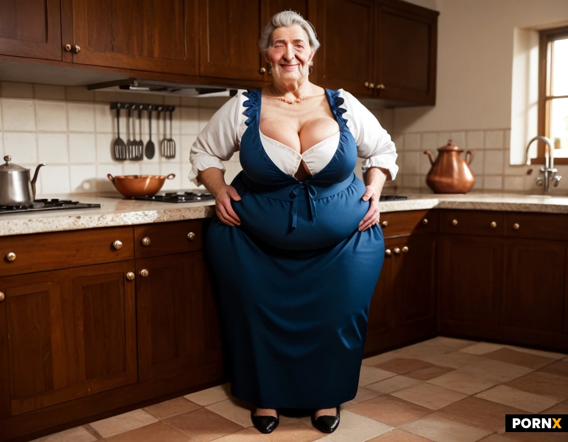 (((((gilf))))),italian, kitchen matriarch,obese, short, wide hips, large ass, thick thighs, round belly, heavy arms, body hair, messy gray bun, deep wrinkles, flushed cheeks, weathered skin, cleavage,unbuttoned,linen blouse, dark bodice, cleavage,long skirt, stained apron, rolled sleeves, leather shoes, cleavage, unbuttoned, decolet, smile, raised eyebrows, manor kitchen, copper pots, stone floor, wooden table, hearth fire, realism, realism,,full body