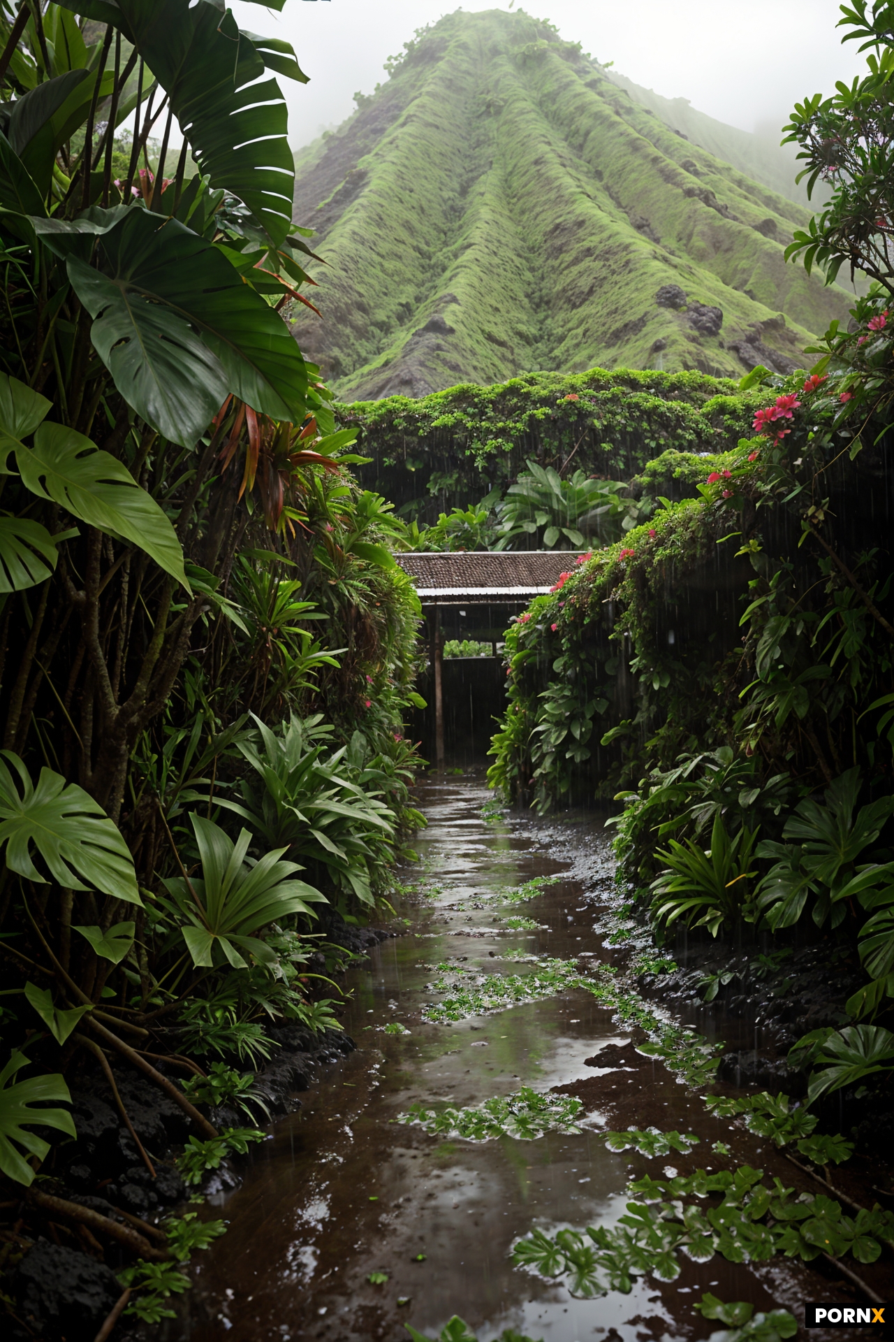 Rain falling on a tropical volcanic island