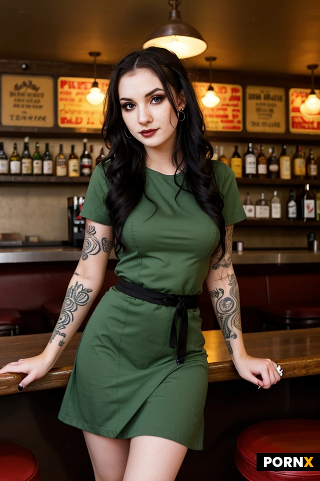 Cute waitress at a local diner/bar.
Character: cute waitress, 20 years old, ~5 feet tall, pale skin, very slim, small waist, small boobs. Somewhat goth/hardcore, eg tattoos, some piercings, dark wavy hair, eyeliner. Short casual green dress.