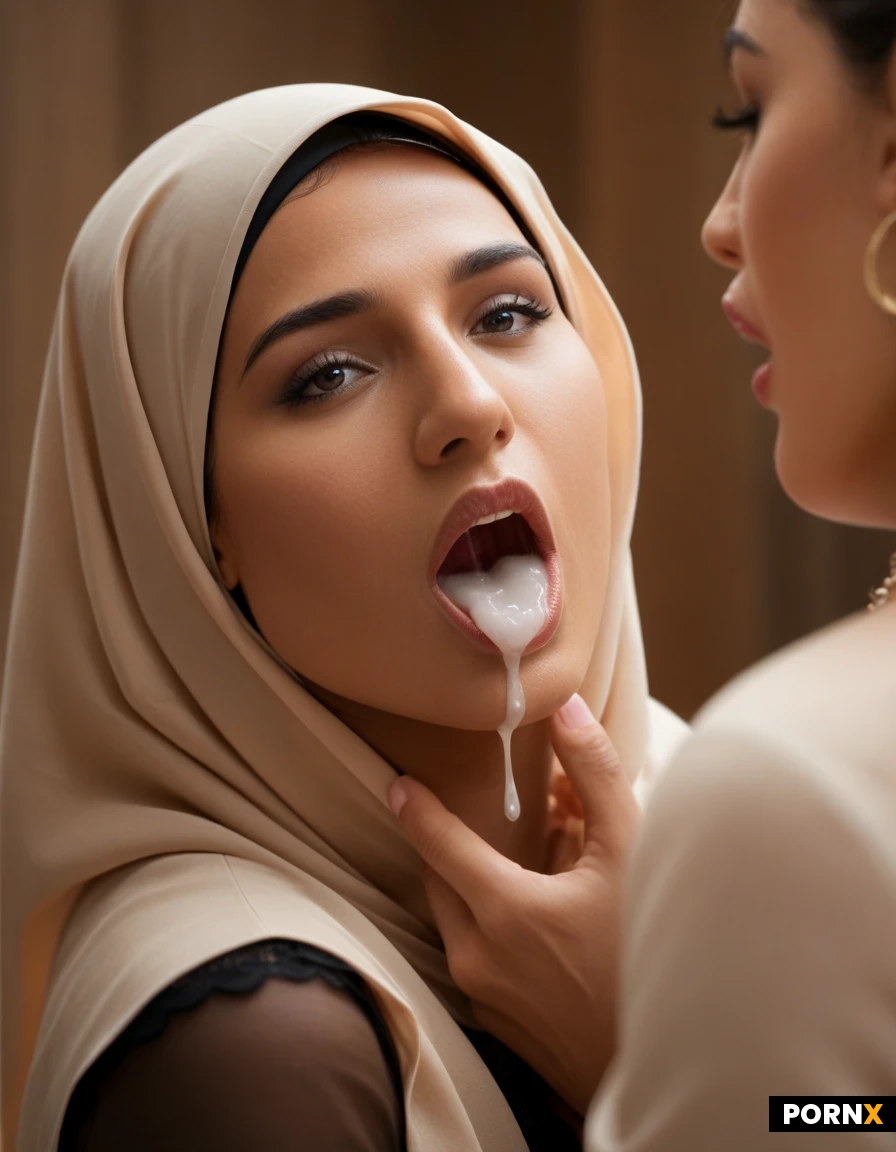 Two cute Muslim women wearing hijabs:1.4, hijab:1.4, excessive amount of cum flowing from one mouth to another, an Indian woman on the left and an Arab woman on the right, standing inches apart in a softly lit bedroom, their faces almost touching as they exchange a thick, glossy stream of cum that flows from the Indian woman's open mouth into the Arab woman's eager mouth, both hands cradling the other's jaw and neck. The Indian woman is upright, leaning above the other's face, lips parting to project the viscous thick cum fluid, while the Arab woman arches dramatically backward at the waist, head tilted fully back, mouth wide open in anticipation. Warm indoor lighting, shallow depth of field that blurs the bedroom details, captured in a medium-shot side-profile using a 35mm lens at ultra-photalistic 8K resolution