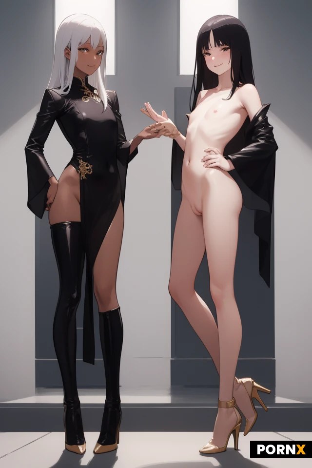 asian (thai) ladyboy, small flaccid penis, small testicles, 18-years-old adult, naked, slim soft body proportions, delicate masculine face, masculine neck, soft jawline, feminine‑leaning styling, elegant posture, very seductive expression, harsh lighting, unretouched, natural skin texture, visible pores, very dark-skinned, golden leather thigh-high high-heel-boots, high‑detail realism, very candid photograph, long hair, naughty smile, standing in inverted-V-pose (Hands and feet on the ground, Legs straight, hips raised) near pool, male perineum, is shown from behind