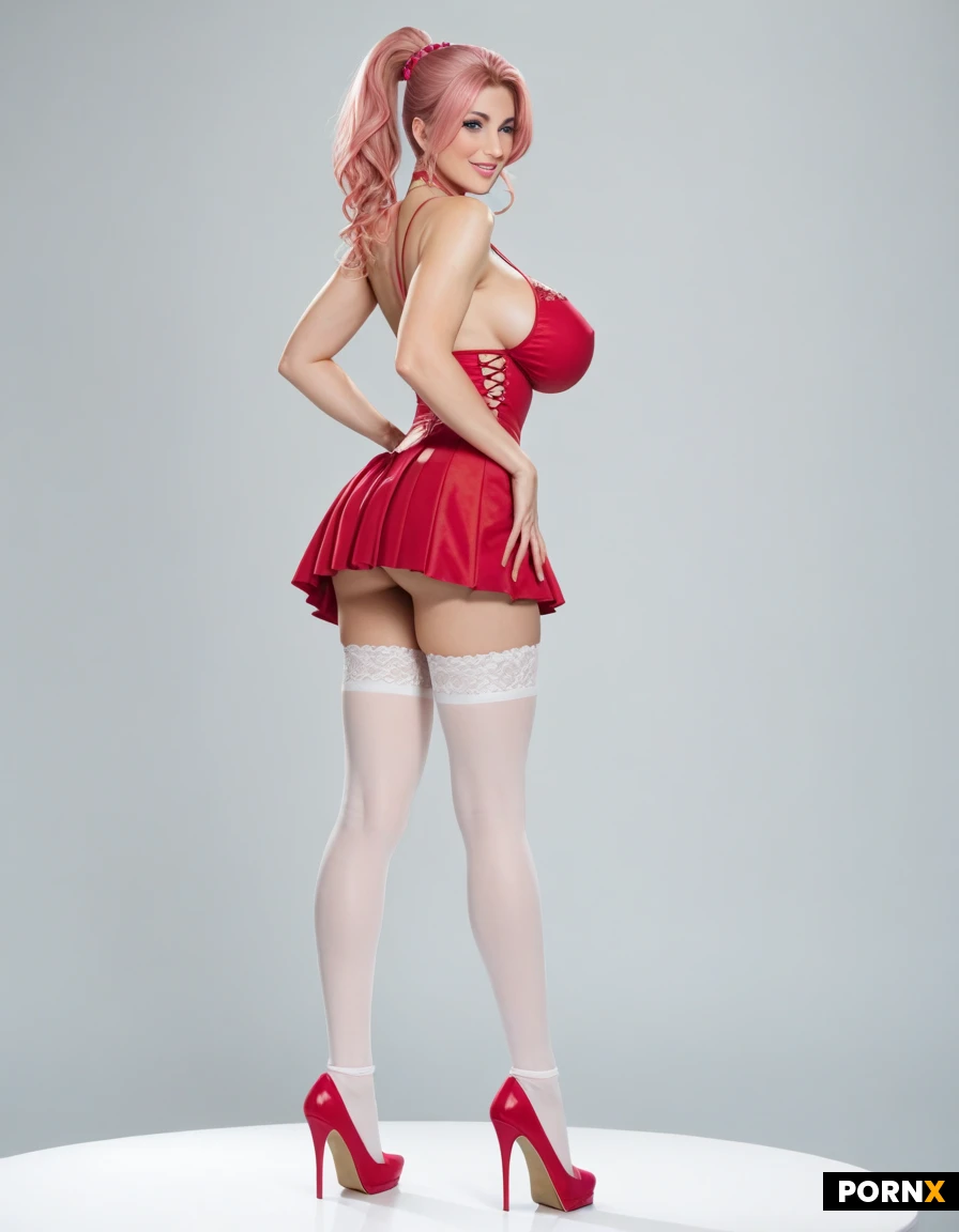 She is a 18 years old Idol. She is very beautiful and cute, with big, F cup breasts, slim waist, perky ass and long legs. She has super cute and really pretty face, with big, shiny, blue eyes, long eyelashes, small nske, light pink lips and clear, white skin without any blemishes. She has long, silky, strong pink hair tied in a ponytail. She wears a sexy idol outfit, with a short, pink, pleated skirt, pink sleeveless shirt, white stockings, and pink high heels. She has additional bands on her wrists. Her clothes has a lot of laces and details. She looks like a magic girl. She keeps a small wand of a magic girl in her hand. She is standing on a big stage, with lights focused on her. (Big stage, huge breasts, super cute idol girl, intricate clothes, a lot of laces, magic girl like clothes)