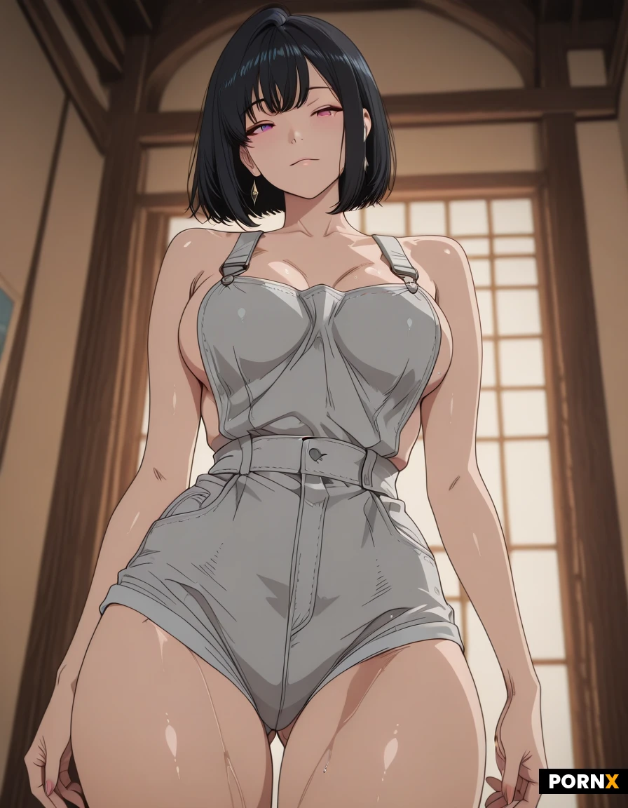 A stunning Asian woman, exactly eighteen, with a curvy G-cup figure and a sleek, black hair cascade down to her waist, stands upright and gazes directly at the viewer, her eyes glinting with confident allure. Her perfectly rounded, smooth buttocks and slender, hourglass silhouette are fully exposed, emphasizing the delicate curve of her hips and the subtle rise of her breasts against flawless skin. The scene is bathed in soft, warm rim lighting that highlights the contours of her body, while a shallow depth of field keeps the focus tightly on her, softly blurring a minimalist, dimly lit studio backdrop. The camera captures her from a slightly low angle, framing her full length from head to toe, accentuating the poised stance and the erotic tension of her naked, unadorned form. The overall aesthetic combines hyper-realistic photography with a sensual, cinematic vibe, rendering every detail of her anatomy in vivid, erotic clarity.