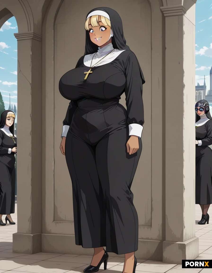 Woman, 20 years old, tanned skin, Thick body, Huge breasts, Rounded breasts, Thick thighs, busty thighs, smiles, big eyes, blonde_hair_color, blue_eye_color, small nose, makeup, pink lipstick, nuns_habit_head_wear, gold_cross, shirt, pants, high heels, academy park, daylight, 2D, Octane render, looks_at_camera, anime,