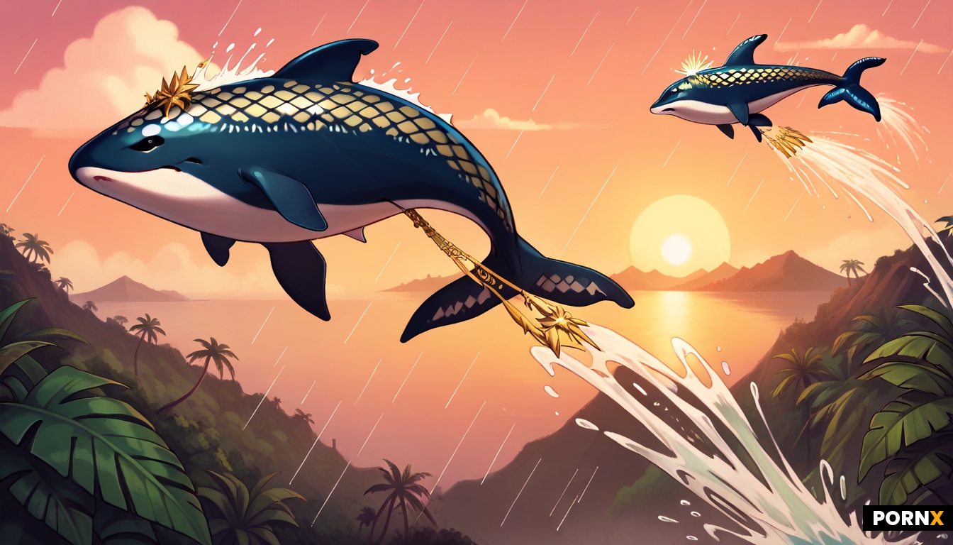 A black and gold humpback whale with intricate filigree patterns flying in the sky