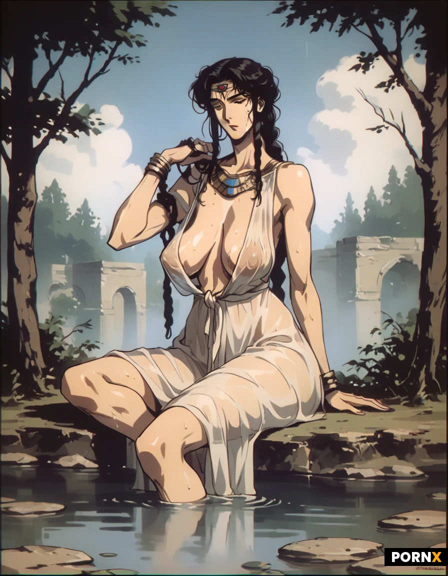 woman, 30s, ancient Greek, black hair, thick braid, very long braid, saggy breasts, veiny breasts, wide hips, see-through toga, sweaty, tired, in a forest, washing her feet by a river