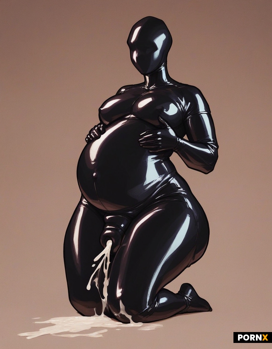 An extremely fat man in a full-body latex-suit with a latex cock sleeve