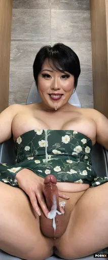 Japanese futanari sitting on shower bench
