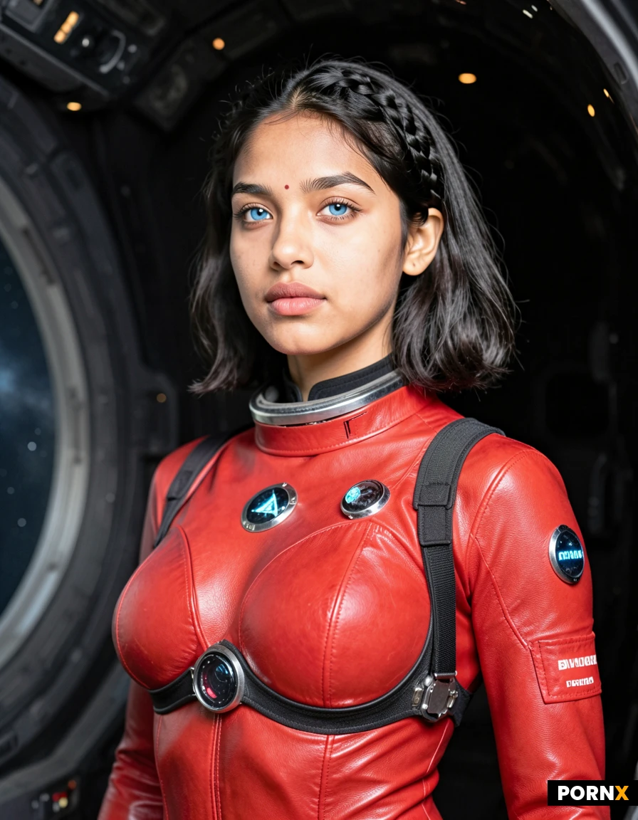 high detail, female space adventurer looks out the viewscreen in her spaceship. screens and dials glow in the dark ship. Black and red space suit is form-fitting and functional. medium breasts, brunette hair, pink lips, dark eye-shadow,