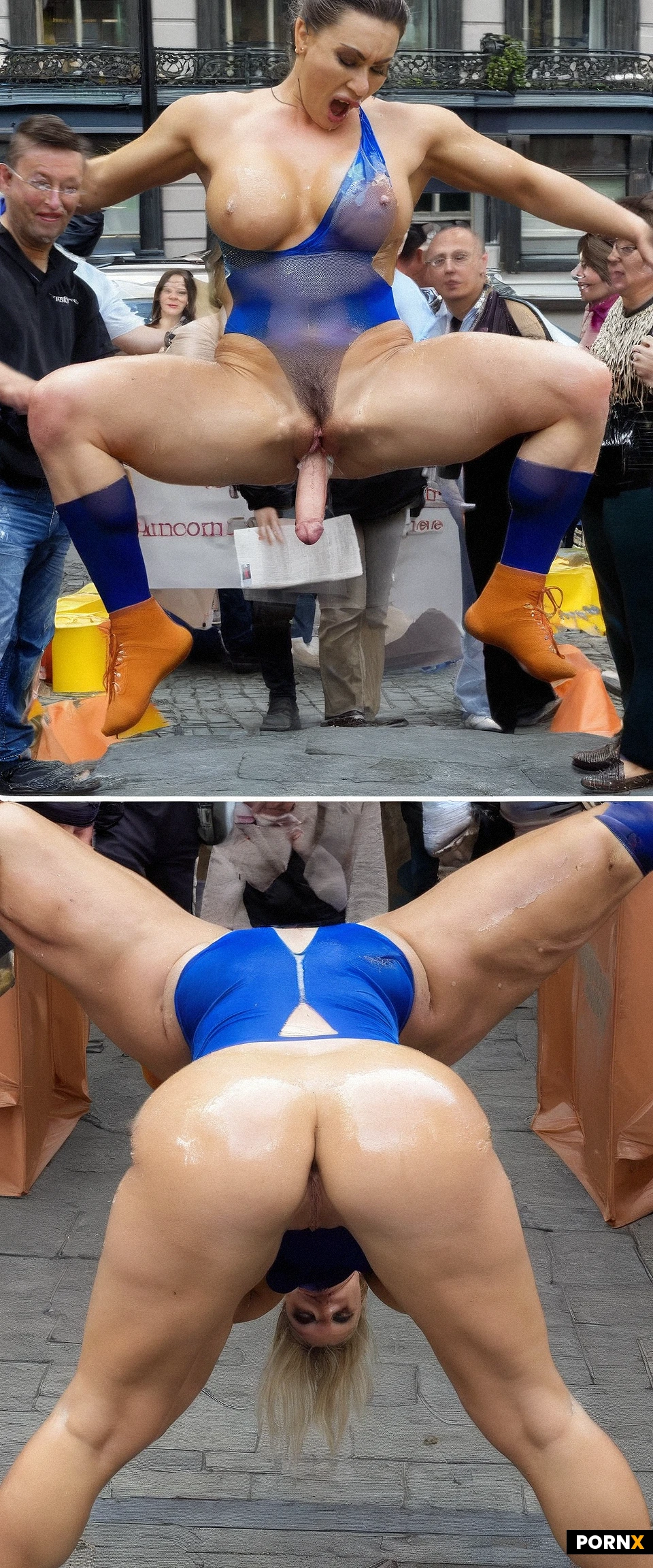 The women's 20 year gymnastics team is hosting a carnival in Stockholm crowded streets; they're wearing tight, revealing gymnastics leotards that are wet and quite see-through, so you can see the girls' big, hairy pussies under the leotards quite clearly, Very muscular tabbes set shiny bodies and attractive women, the girls letting the men from the audience penetrate their asses, its becoming an analsex gangbang in the middle of all people, its Wild and extreme, sperm, big cocks in asses