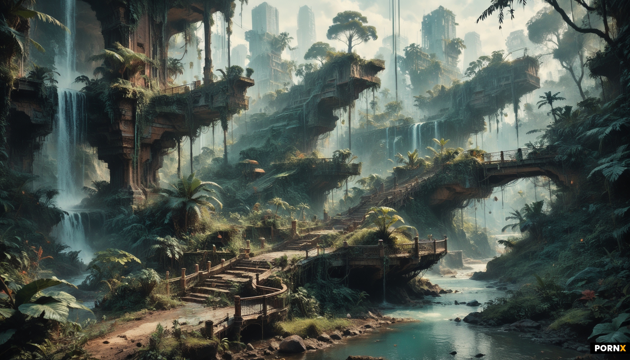 A rounded and curved futuristic home in the center of a foggy jungle