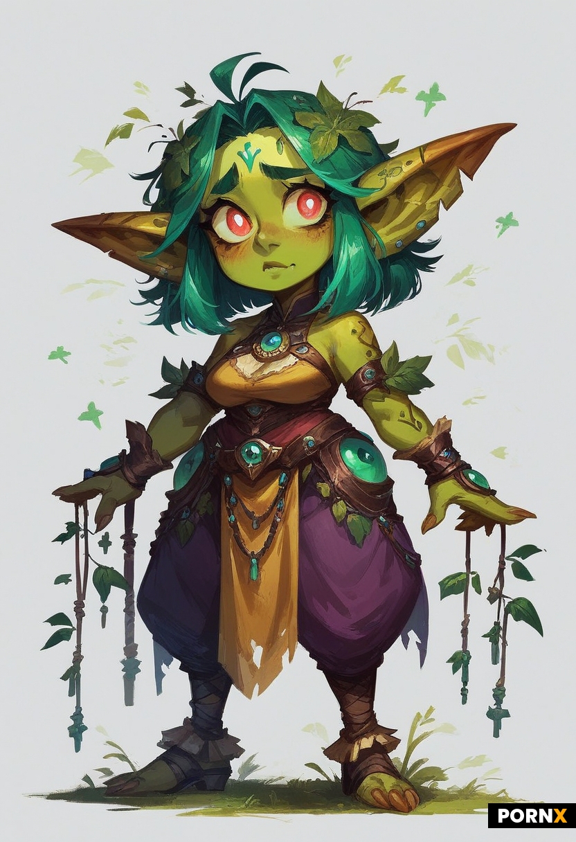 concept-art painterly + goblin-girl + big cute eyes + pale green skin + green leafs hair + white bac