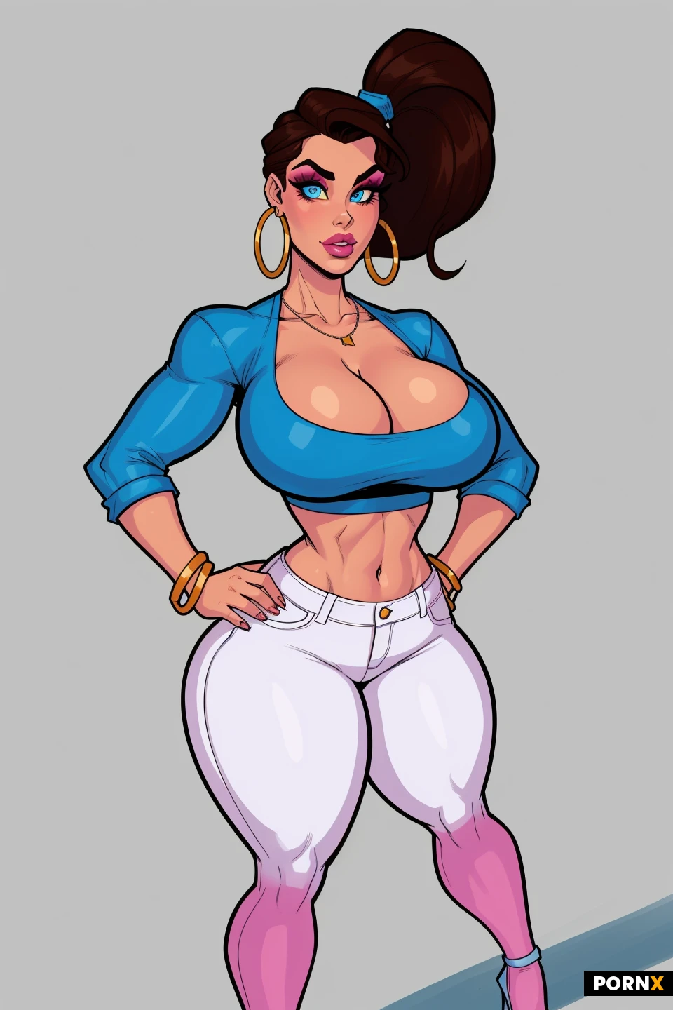 Western American comic book illustration, professional 2D comic art, bold thick black ink outlines, clean detailed linework, vibrant saturated colors, glossy cel shading, hand-drawn highlights, expressive illustrated face, large detailed eyes, polished digital comic coloring.
Beautiful 30-year-old Caucasian brunette woman, long dark brown hair in a high ponytail, bright blue eyes, glamorous makeup, full pink lips, confident expression.
Very voluptuous hourglass figure, large full bust, extremely slim waist, wide rounded hips, thick curvy thighs, feminine athletic legs, lightly tanned skin.
Wearing a fitted white crop top, very short blue denim shorts, black high heels, hoop earrings, delicate necklace and bracelets.
Full body illustration, standing with one hand on her hip, facing the viewer, plain light background.
Stylized exaggerated western comic proportions, glossy illustrated skin highlights, sharp black contour lines, smooth gradient shadows, high quality hand-drawn American comic book artwork, absolutely 2D illustration, not realistic.