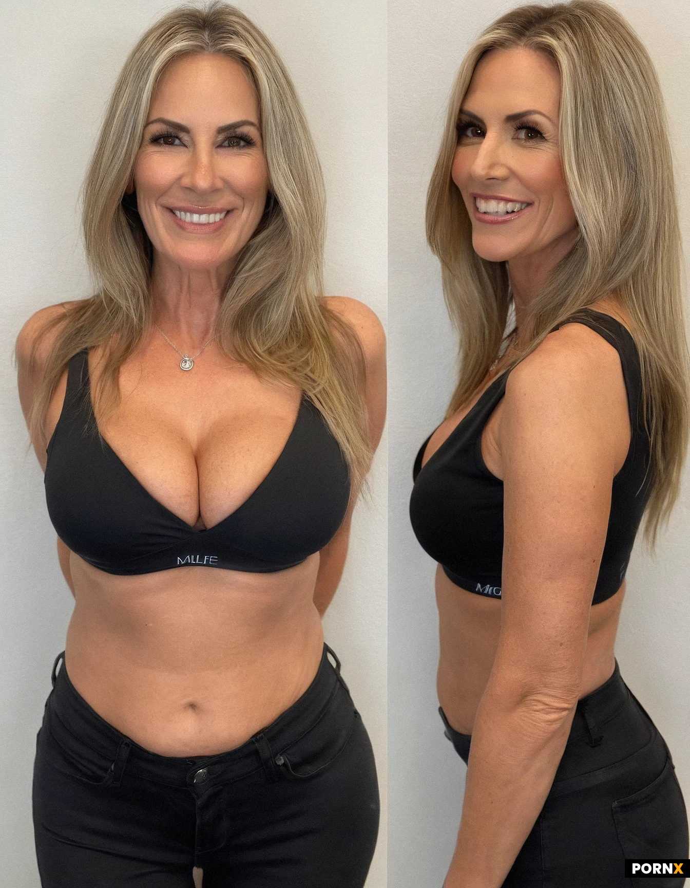 MILF,Mature,8k. hyper-detailed. Full body front view ,52 years old very long hair Face-Framing very full Layers blonde Polish woman (34-31-35,34DD), (lower-belly pooch),(very deep-set brown eyes),very high cheek bones,smiling,(in a black thin top and skin tight bluejeans):1.1, in a small office standing legs spread apart, bright spot light from above.
