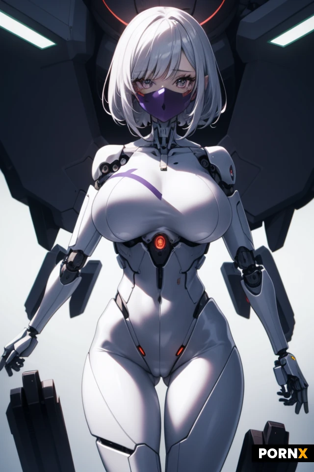 Woman,Hourglass,fit thighs,big medium breast,sexy,mechanical mask,pixie hair,purple,fluffy and messy,big eyes,cyborg body,2d Anime,8 k resolution,highly detailed,naked