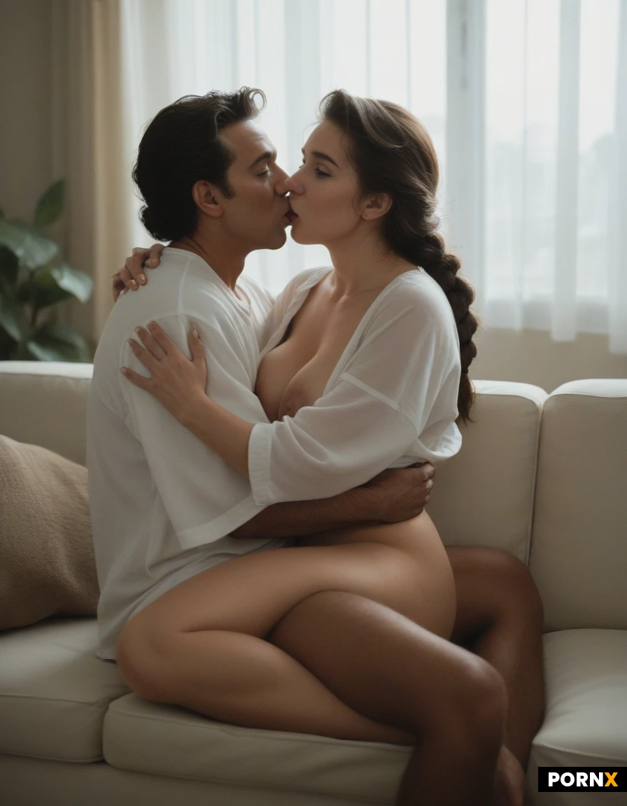 beautiful polynesian woman, braided dark hair in a top knot, brown skin, large breasts, face to face sex, sitting on lap, embracing, kissing, penetration, oversized shirt, bottomless, no panties, bare legs, modern living room, large sofa, big windows, natural daylight, flirty expression, thick hairy pussy dense triangle pubic hair, retro pubic hair, small cock, surprised, shirt unbuttoned looking at viewer, very lush pubic hair