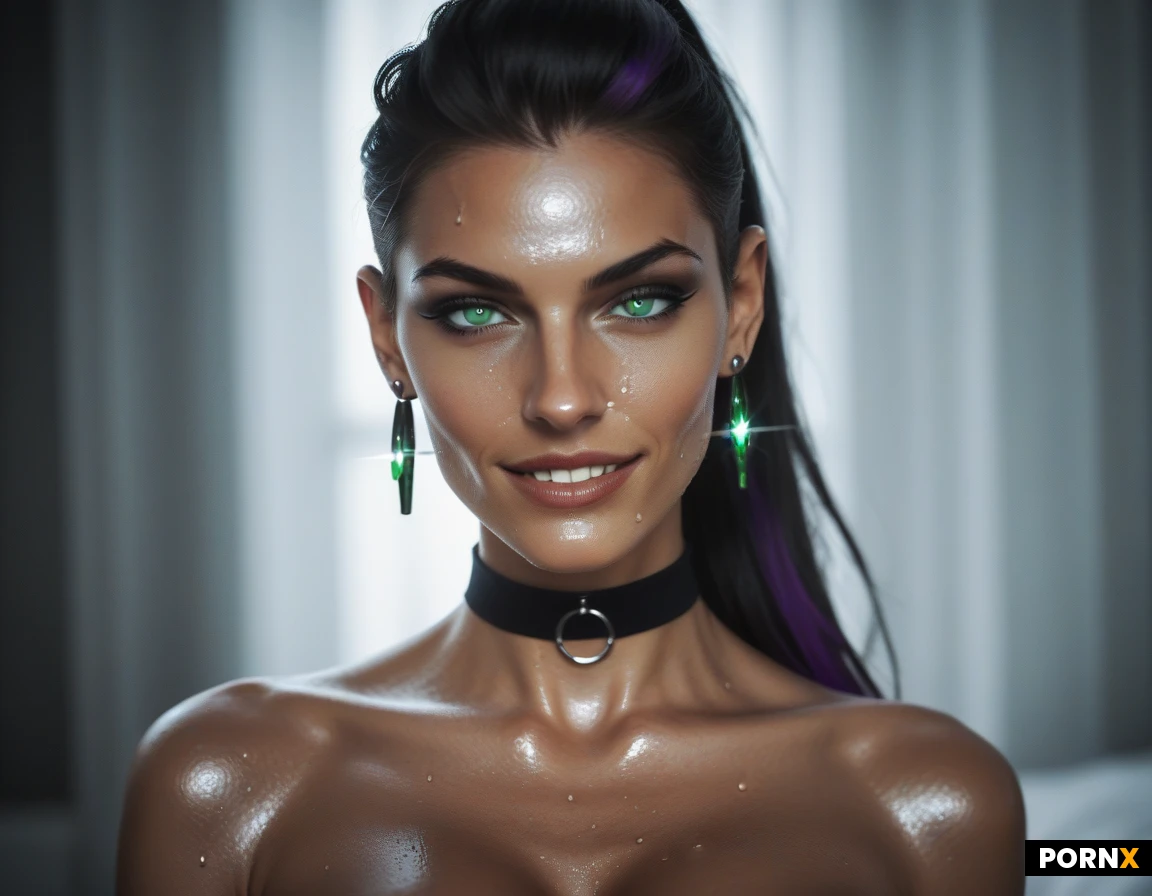 view from above,man's penis just ejaculated huge cum onto her face,(cum on face),cum dripping on her face,cum on nude breasts, beautiful German-Argentinian woman,skinny,sexually attractive,nude,very long black hair,(very long purple highlights),long thick ponytail, hair over one eye, undercut, (Ultra detailed face),thin nose,long sharp pointed nose: 1.5,firm wide jaw,(seductive sparkling green eyes: 1.4),black eyeshadow makeup,dark eyeliner,dark tanned skin: 1.1, (medium fake breasts),(round spherical breasts),(perky breasts),(firm breasts),(nude cleavage),close-set breasts,toned body,green Earrings,sweaty skin,dark bedroom,(seductive eyes),choker,she is holding his cock,erect nipples, mischievous grin