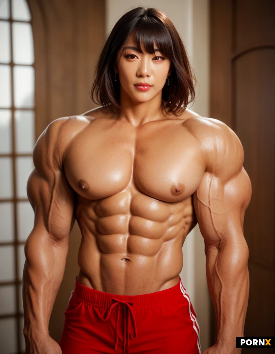Pecs. Twink femboy Asian. (Muscle :1.8). (LGBTQ gay). Red trunks.. broad physique. (Red Devil skin). Bodybuilder competitor. Bangs flowing hair