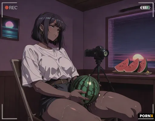 White male mastutbates his cock with watermelon