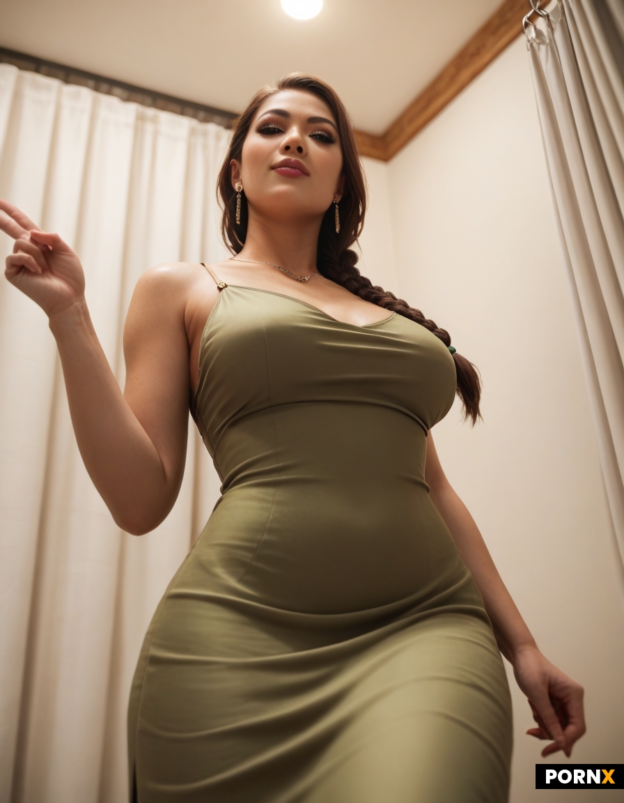Studio-quality candid portrait of a early 20s Korean woman in a boutique fitting room