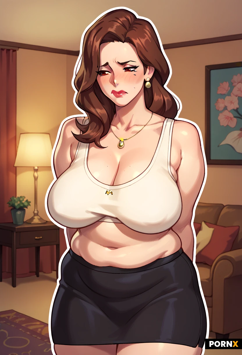 mature and chubby mom with long brown hair and brown eyes, white croptop, black skirt, in living room, disappointed expression