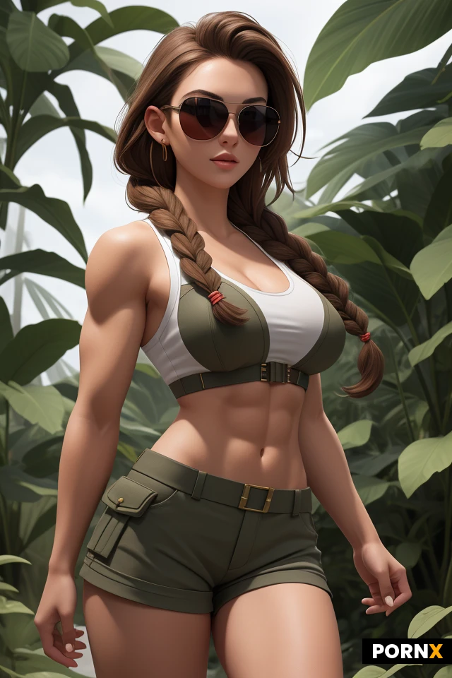 masterpiece, best quality, highres,White and smooth skin, 20 years old, Braid, brown hair, large_breasts, Athletic, muscle,militar, adventurer Clothes, shorts,sunglasses, treasure hunter, jungle temple