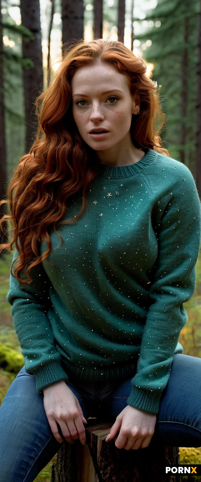 Photorealism. Cinematic lighting. Dynamic closeup portrait POV.
Dark night. Black sky. Stars. Cabin in the woods. Autumn trees.
Gorgeous Ginger Scottish Woman. Long curly ginger hair. Pretty cute highly detailed horny face. Freckles. Bright green eyes. Sharp nose. Narrow jaw. Skinny athletic fit. Medium perky breasts. White cozy sweater. Blue jeans. Brown boots with the fur. Brown coat. Hot chocolate.