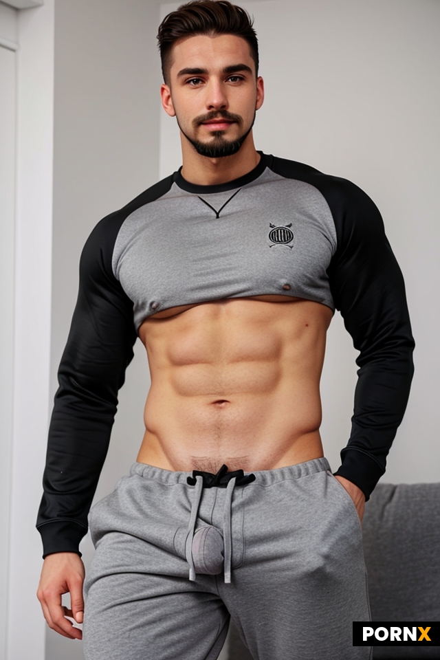 German 20 male trimmed facial hair wearing sweatpants rubbing bulge