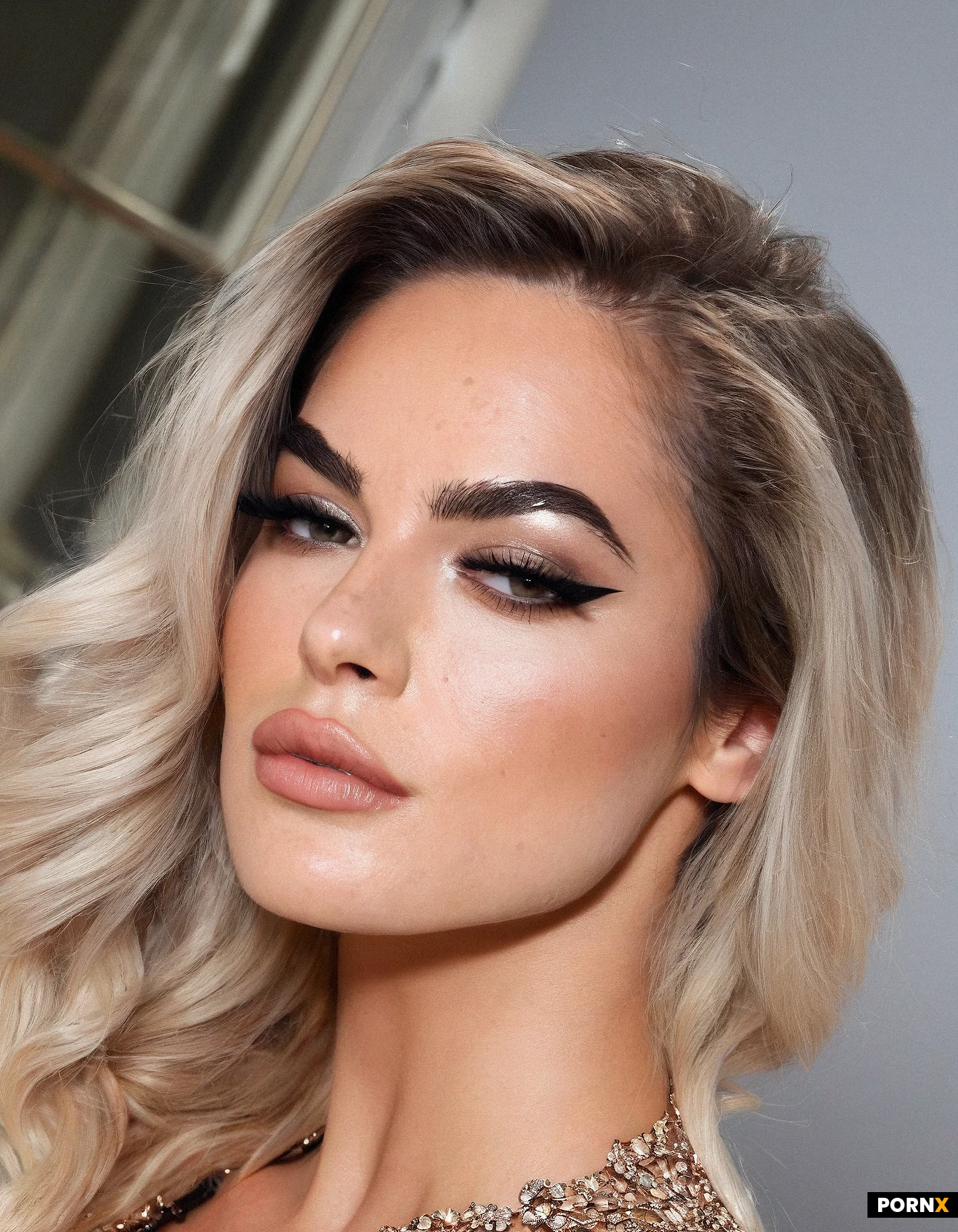 A high-resolution, close-up beauty portrait of a Caucasian woman looking directly at the camera with a confident, neutral expression.Direct front-facing gaze with a slight head tilt to her left.Face Shape: Oval shape with soft, defined contours.
Eyes: Almond-shaped eyes with hazel/light brown irises.
Eyebrows: Highly sculpted, arched, dark brown eyebrows with a slightly ombre start and defined tail.
Nose: Slim, straight nose bridge with a refined tip.
Lips: Full, plumped lips with a well-defined cupid’s bow and a matte, terracotta-rose lipstick color.Color: Bright, cool platinum blonde.
Style: Very long hair styled with soft, voluminous, loose Hollywood waves.
Parting: A clean center part that creates symmetrical face-framing sections.Skin Finish: Flawless, dewy, luminous skin with a slight "wet look" highlighter on the high points of the cheeks and nose.
Details: Visible fine skin texture for realism; inclusion of small beauty marks/moles on the neck and décolletage (one on the left neck, one on the center chest).Complexion: Full-coverage foundation with warm blush and strategic contouring under the cheekbones.
Eye Makeup: Long, voluminous, wispy black false eyelashes; tight-lined black eyeliner on the upper lid; warm taupe eyeshadow blend; highlighted inner corners.Style: Realistic, professional high-fashion beauty photography, clean and polished, resembling a magazine cover shot.