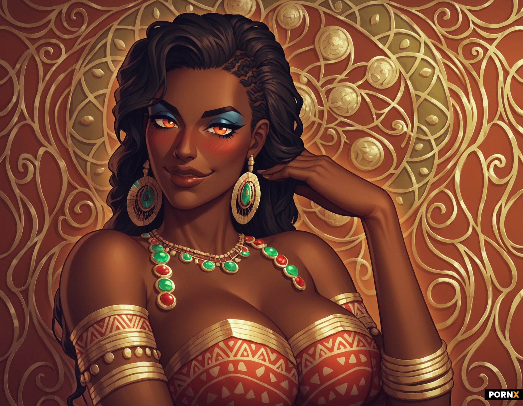One savannah black african nymph standing with tribal african and silk dress