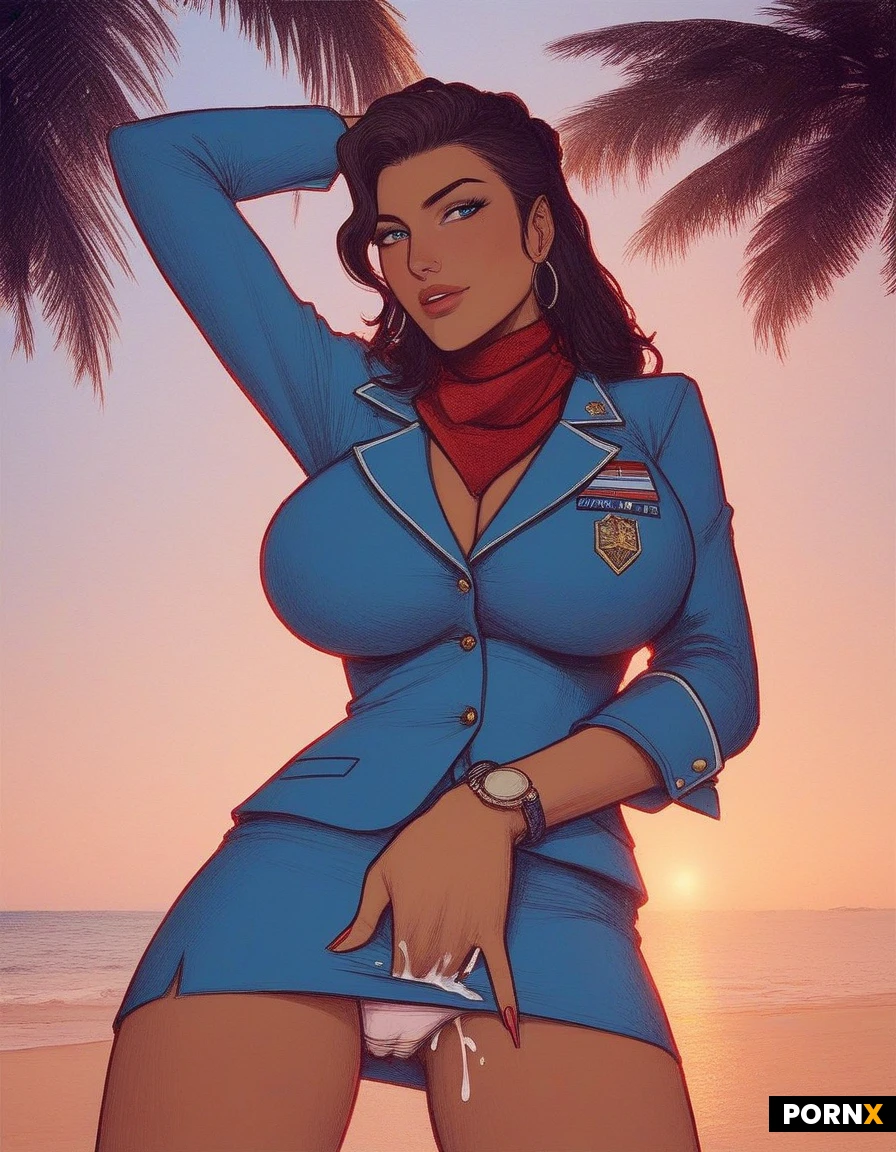 beautiful thai woman, dark hair in a top bun, tanned skin, huge breasts, athletic body, fingering under clothes, hand in panties, sneaky, public, sexy stewardess uniform, tight blazer, pencil skirt, neck scarf, cap, tropical beach, white sand, turquoise water, palm trees, bright sunlight, An adult Indian woman in her twenties with tanned skin, a messy up-do of long dark hair crowned by a sparkling tiara, and flawless blue eyes widened in shocked, excited delight, sports an hourglass silhouette with perfectly sculpted big fake breasts, defined cheekbones and ultra-detailed facial features, her slender, fit frame clad in a sheer ballet top that leaves her shoulders bare while a massive fluffy pink tutu and skirt billow around her hips, exposing a shaved pussy that she fingers provocatively; she is captured from a sharp side angle as she thrusts her hand onto a throbbing erect cock, gripping and squeezing it while her mouth is deep-throated around the shaft, cum exploding in a facial that drips down her chin and onto the tutu. The scene is lit with soft rim lighting and high-dynamic-range contrast, a shallow depth of field blurring the pastel studio backdrop and emphasizing the glistening cum, the glossy skin, and the intense expression on her face. The camera frames her from the waist up, gliding along the curve of her spine to highlight the defined bones while the background swirls with faint, dreamy bokeh. Rendered in ultra-realistic 8K photorealistic style, every strand of hair, drop of cum, and texture of fabric is rendered in razor-sharp detail.