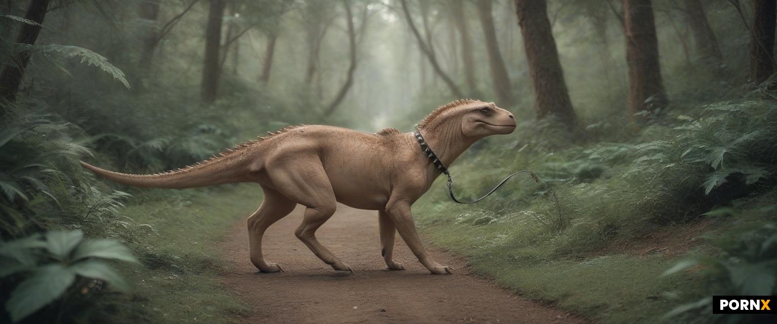Giant spiked Therapod dinosaur wearing leash and collar and walking with woman