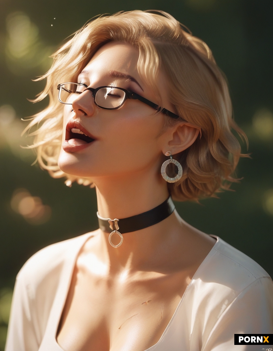 A cute 20-year-old busty latina nerd with glasses wears a choker