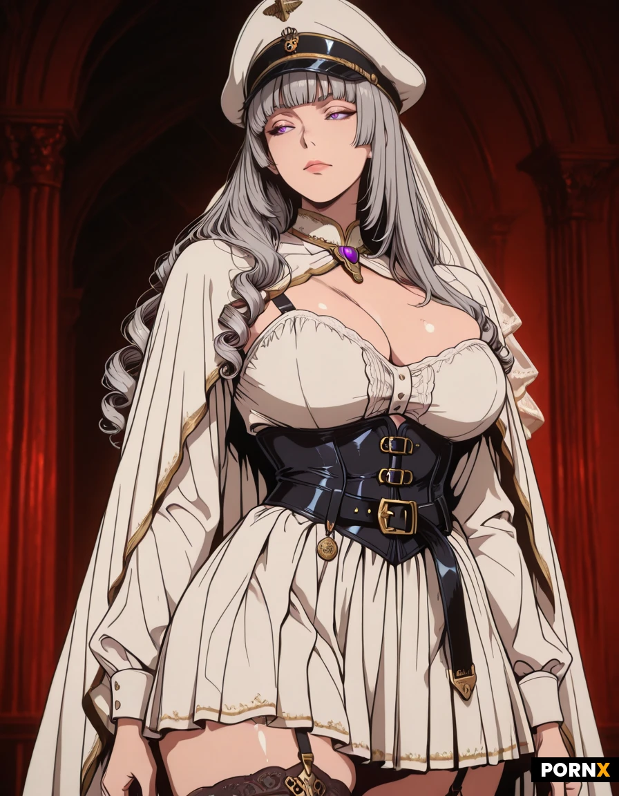 Rendered in vibrant MOE anime style with crisp linework, glossy cell shading, and rich, saturated colors. vector.high_Quality_eyes,high_Quality_image,high_detailed_image,high_detailed_face,fantasy,(MOE_anime_style).Fitted bodice / corset-style bodice — the blue-and-white upper section,
Deep V neckline,
Off-shoulder / shoulder-draped sleeves,
Long detached sleeves with fitted cuffs,
High-waist design,
Asymmetrical split skirt / open-front skirt,
Long cape or mantle attached around the shoulders,
Decorative waist belt / cincher,
Metallic medallion ornaments around the waist,
Tabard-like front panels,
Thigh-high stockings or thigh-high boots underneath the split skirt,
Tall military-style peaked cap,
Long veil/fabric panels falling from the back of the hat,